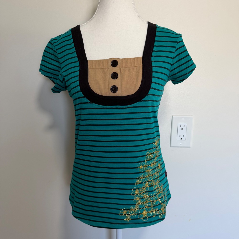 Lee Pipes Striped Floral Graphic Top Teal Womens 1X Y2K Skater Tee